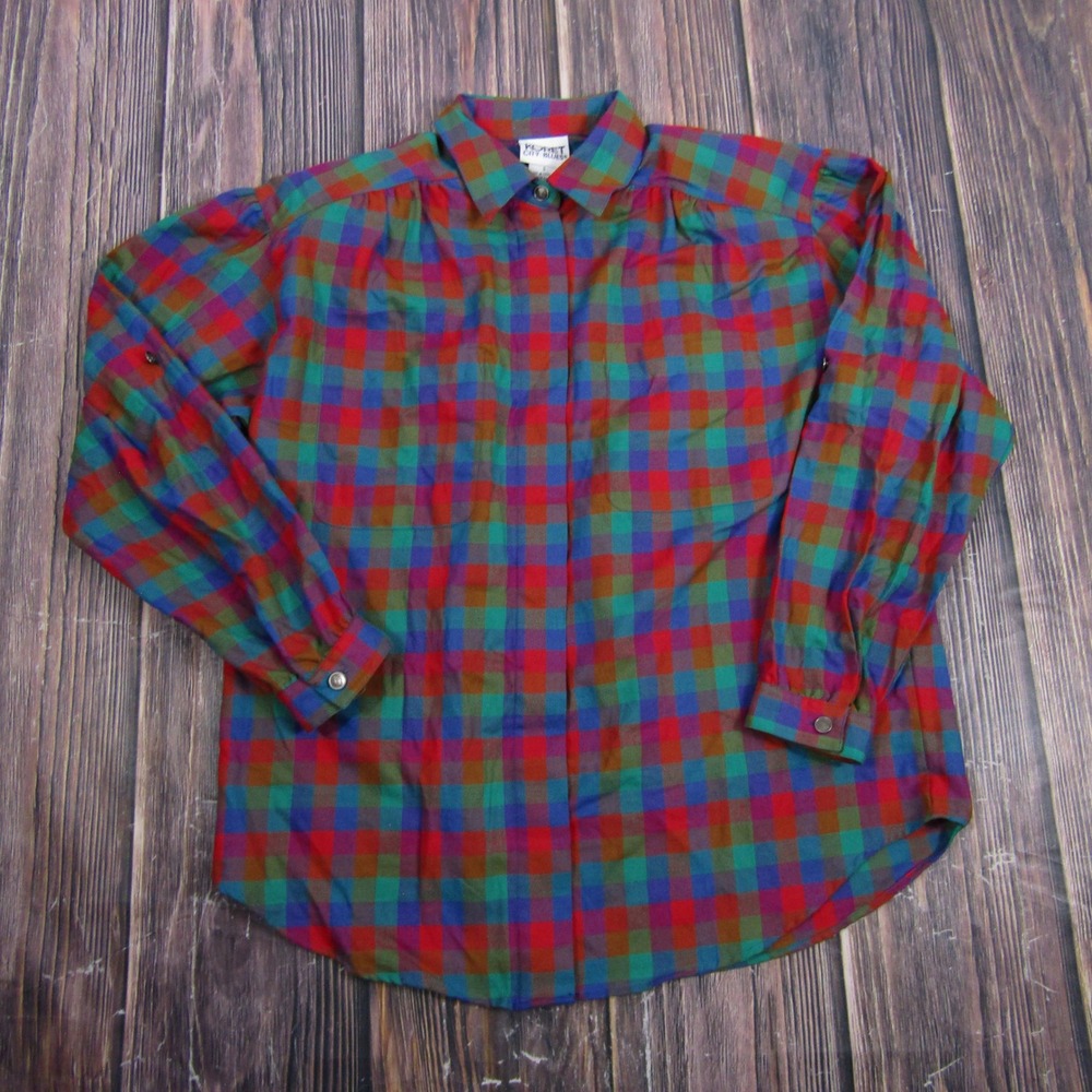 Koret City Blues Button Down Shirt Women Small Grannycore Plaid Vintage Top